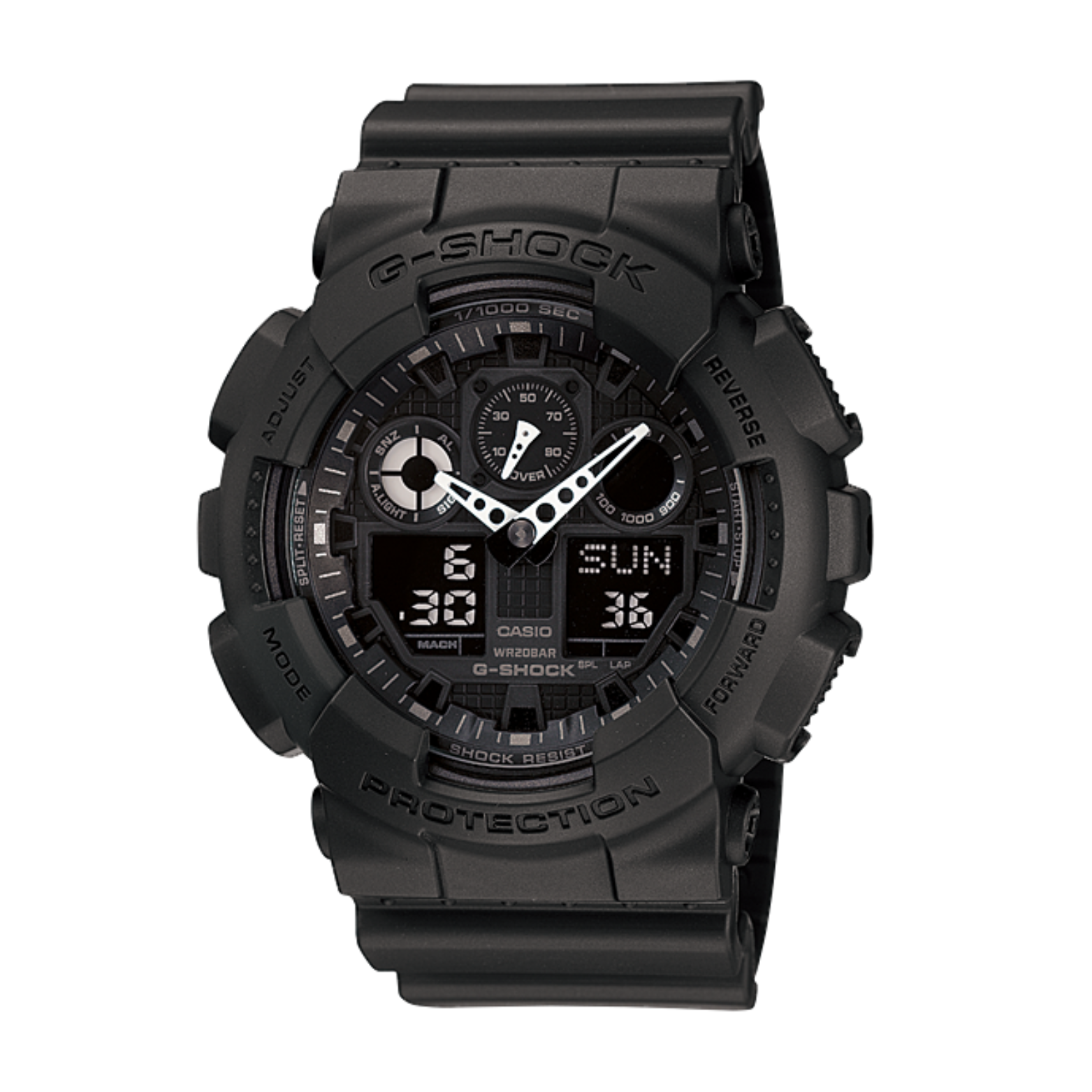 A black CASIO G-SHOCK GA-100-1A1HDR analog-digital watch with a resin band, displaying a digital world time screen.
