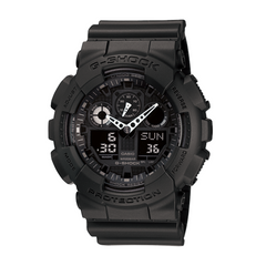 A black CASIO G-SHOCK GA-100-1A1HDR analog-digital watch with a resin band, displaying a digital world time screen.