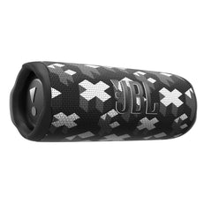 A black JBL Flip 6 portable Bluetooth speaker with a geometric pattern and the JBL logo on the front.