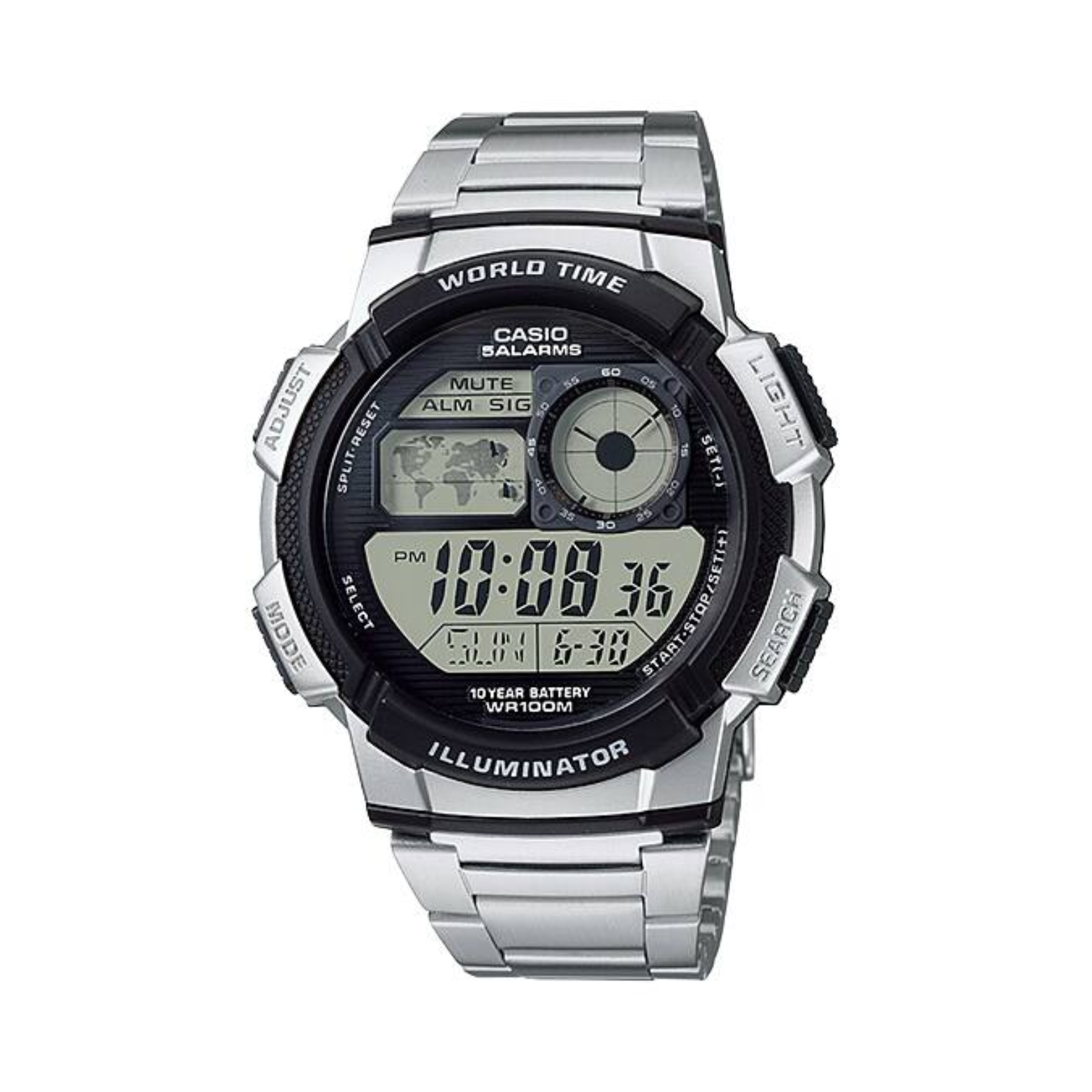 Casio digital watch with silver metal strap on a white background