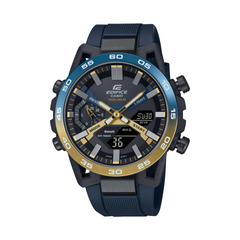 Edifice Casio watch with blue and black strap on a white background