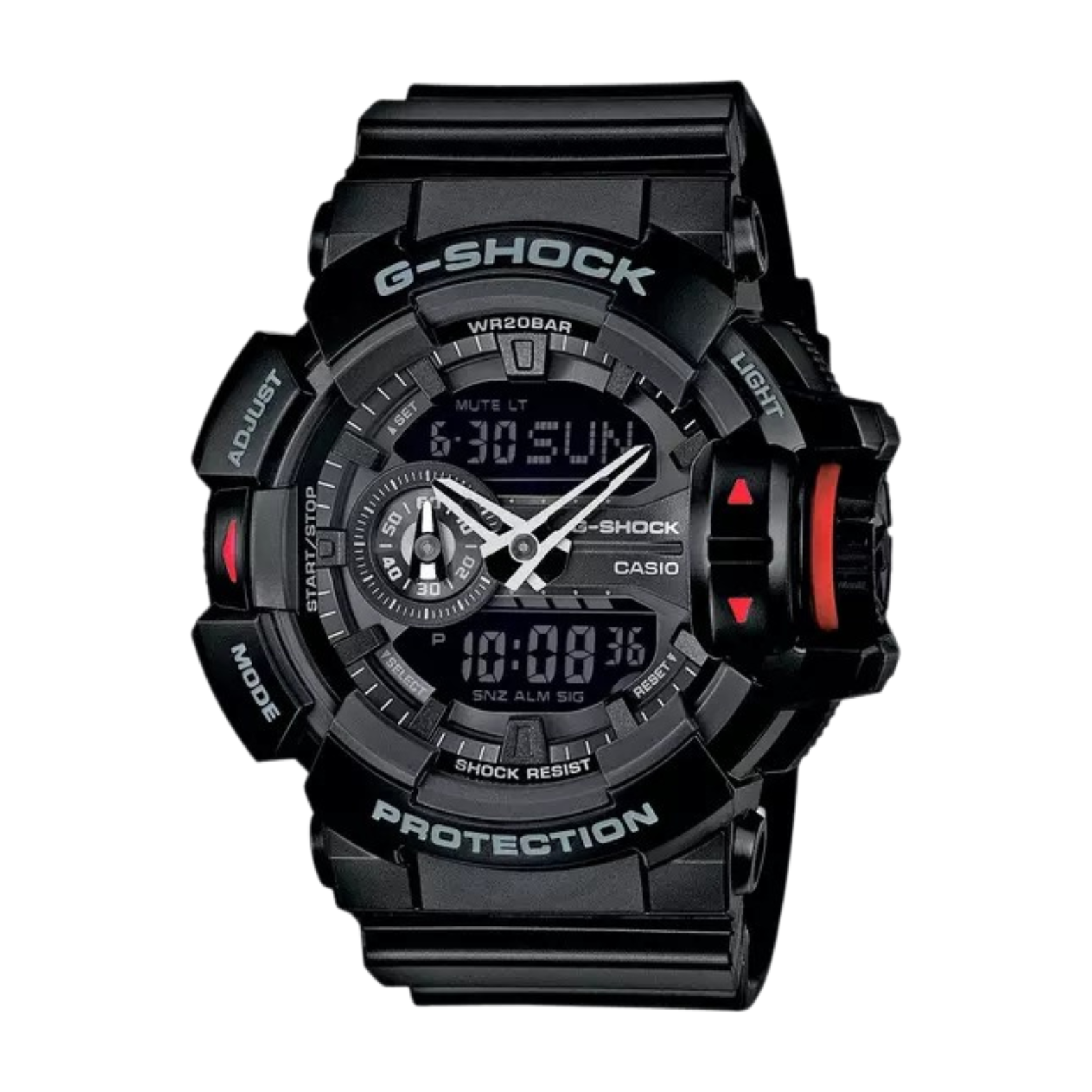 A black CASIO G-SHOCK analog-digital watch with a resin band, displaying a digital screen showing time, date, and various watch features.