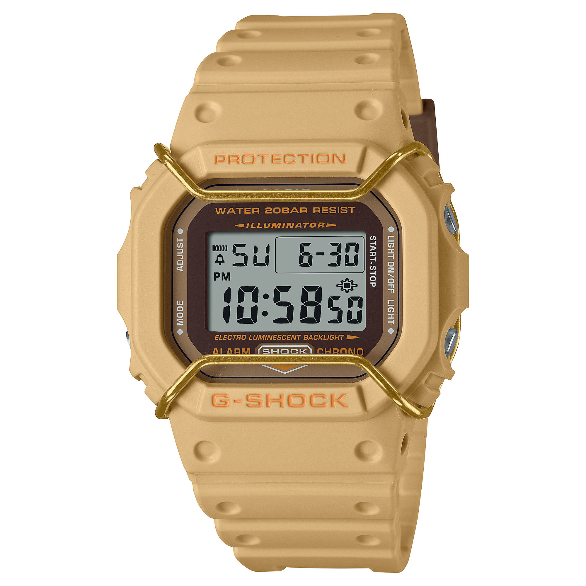 A Casio G-Shock digital watch in beige color with a resin band and a digital display showing time and various watch features.