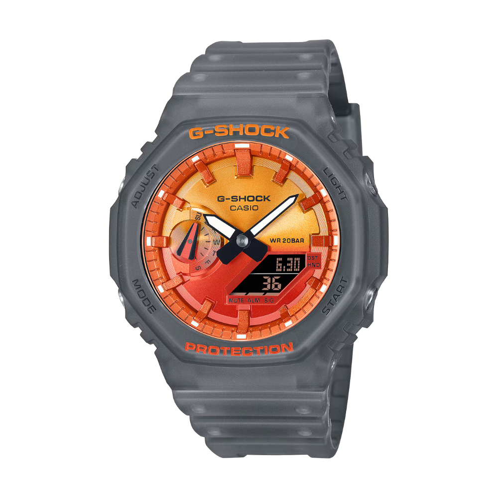 G-Shock watch with gray and orange design on a white background