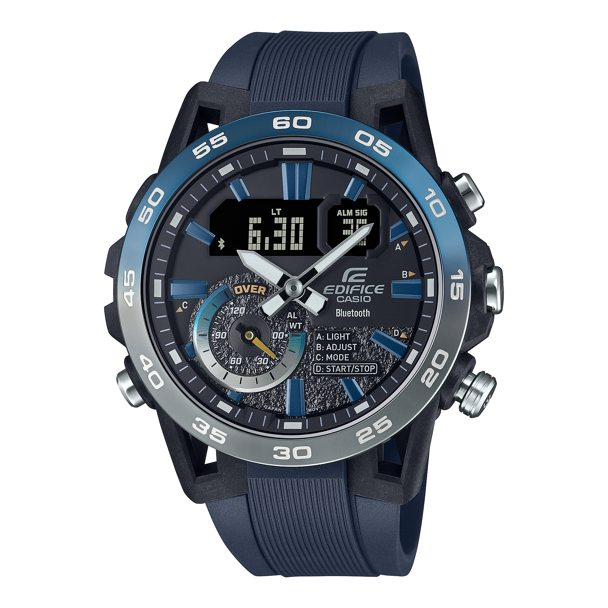 A Casio Edifice ECB-40NP-1AUDF watch with a blue band, black case, and digital display.