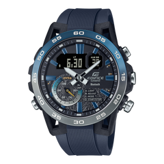 A Casio Edifice ECB-40NP-1AUDF watch with a blue band, black case, and digital display.