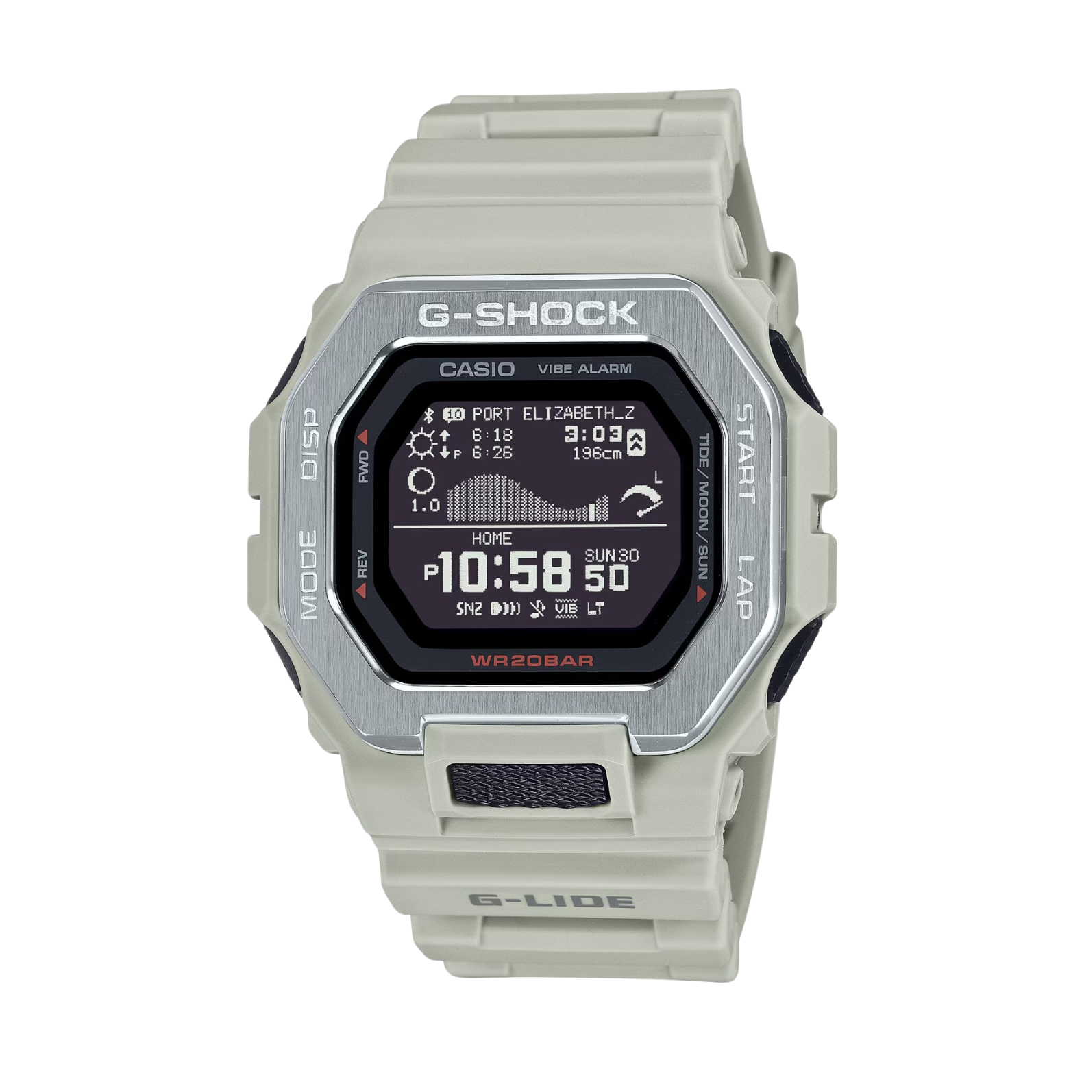 A CASIO G-SHOCK watch with a gray band and case, featuring a digital display showing time, date, and various smart watch features.