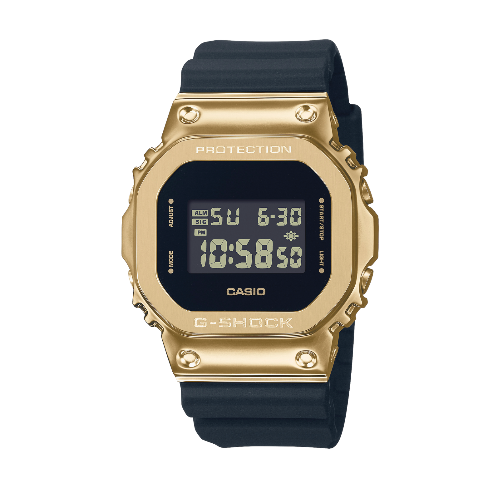 A digital CASIO G-SHOCK watch with a gold ion plated bezel and a black resin band, displaying time and various watch features on its screen.