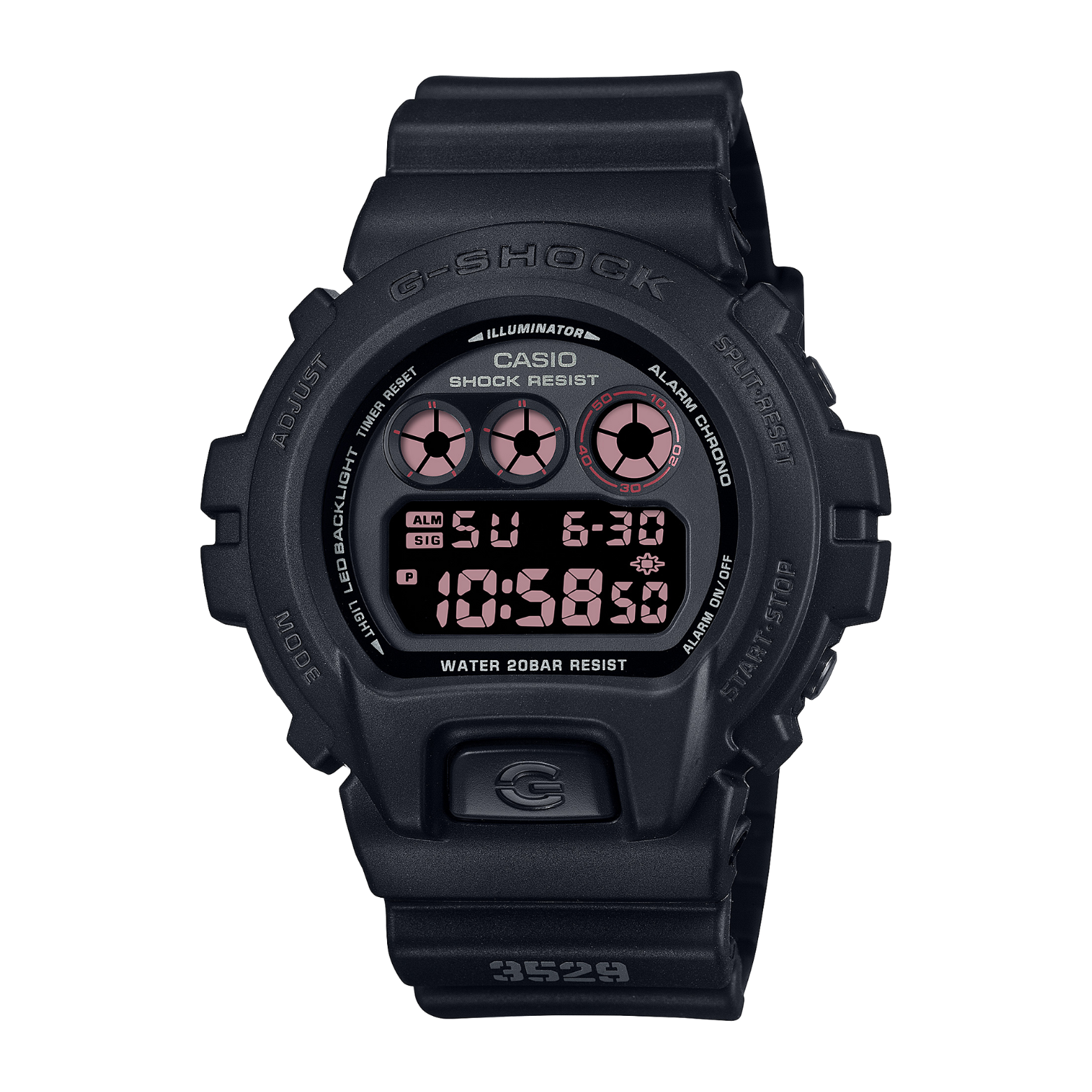A black CASIO G-SHOCK DW-6900UMS-1D digital watch with a resin band and a digital display showing time, date, and various watch features.