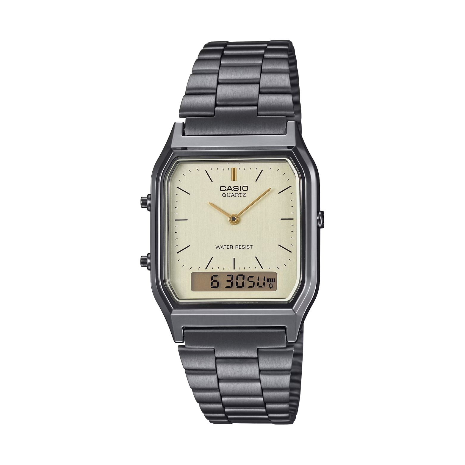 Casio watch with metallic band on a white background