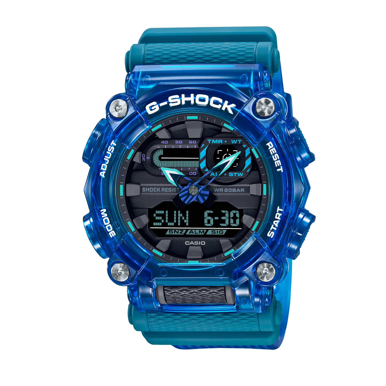 A blue CASIO G-SHOCK watch with resin band and digital display featuring multiple watch features.