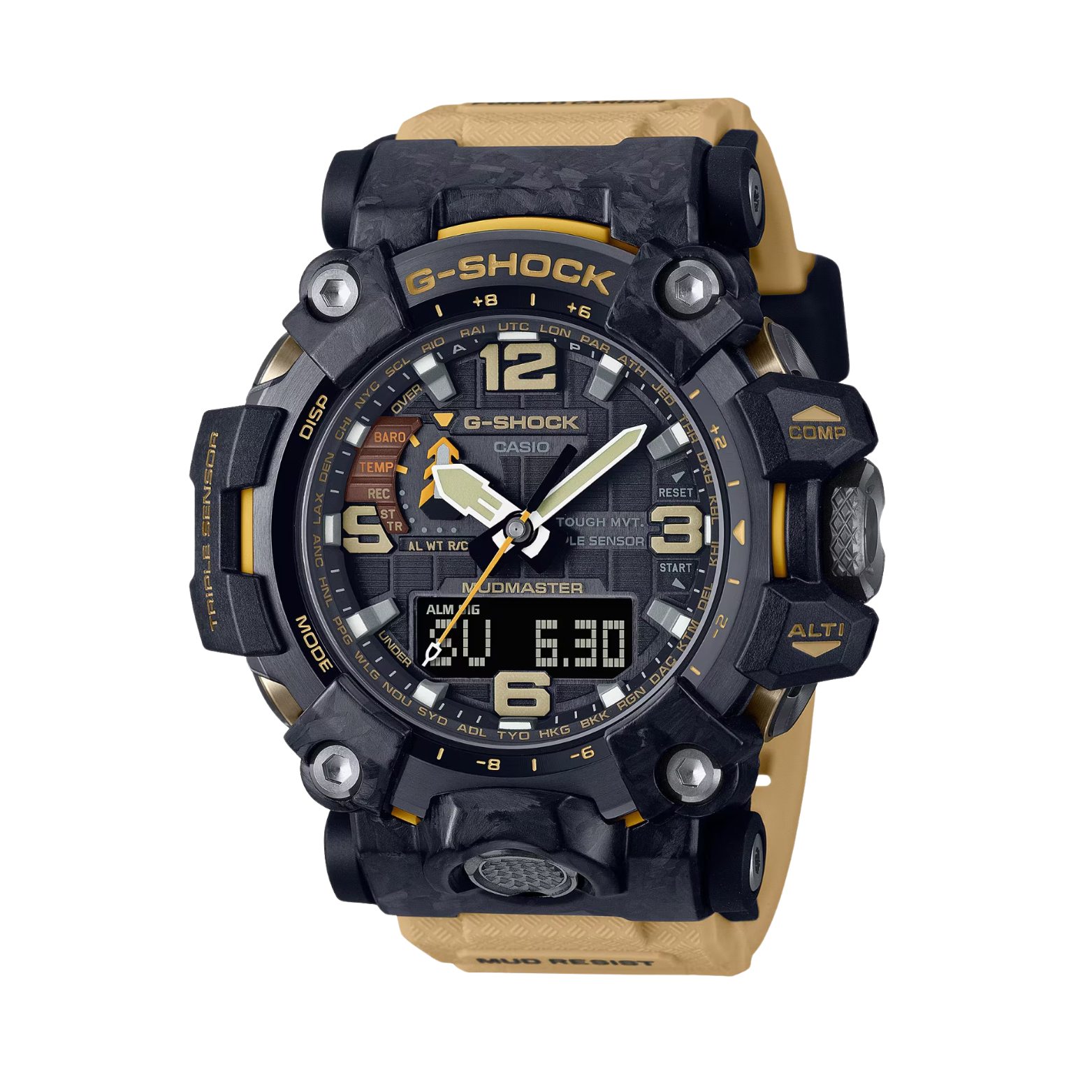 A Casio G-Shock GWG-2000-1A5DR watch with a black band, black case, and digital display showing time, date, and various features such as compass, altimeter, and barometer.