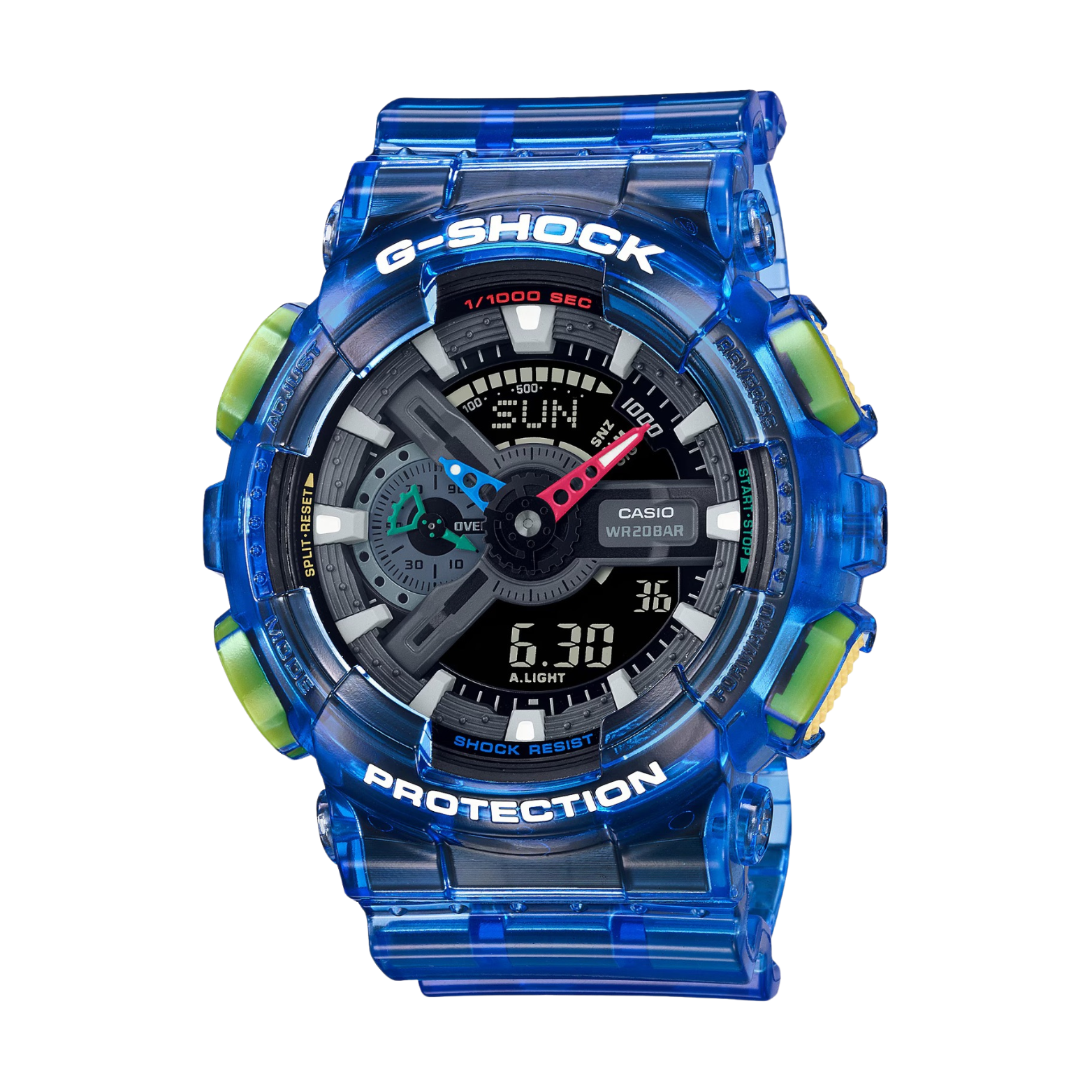 A blue Casio G-Shock watch with a digital display and resin band, showing features such as world time, stopwatch, and alarm.
