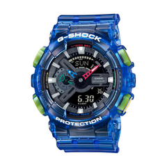 A blue Casio G-Shock watch with a digital display and resin band, showing features such as world time, stopwatch, and alarm.