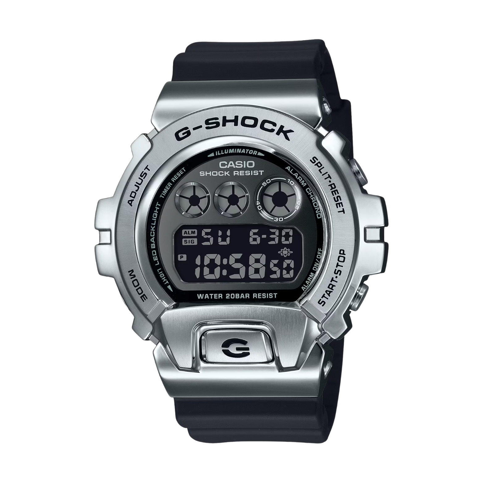 A digital CASIO G-SHOCK watch with a black band and silver-colored case, displaying a digital screen.