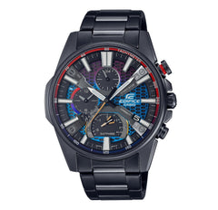 A Casio Edifice EQB-1200HG-1A watch with a black ion-plated case and band, featuring a colorful dial, tachymeter bezel, and a digital display.