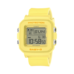 Yellow Casio digital watch on a white background