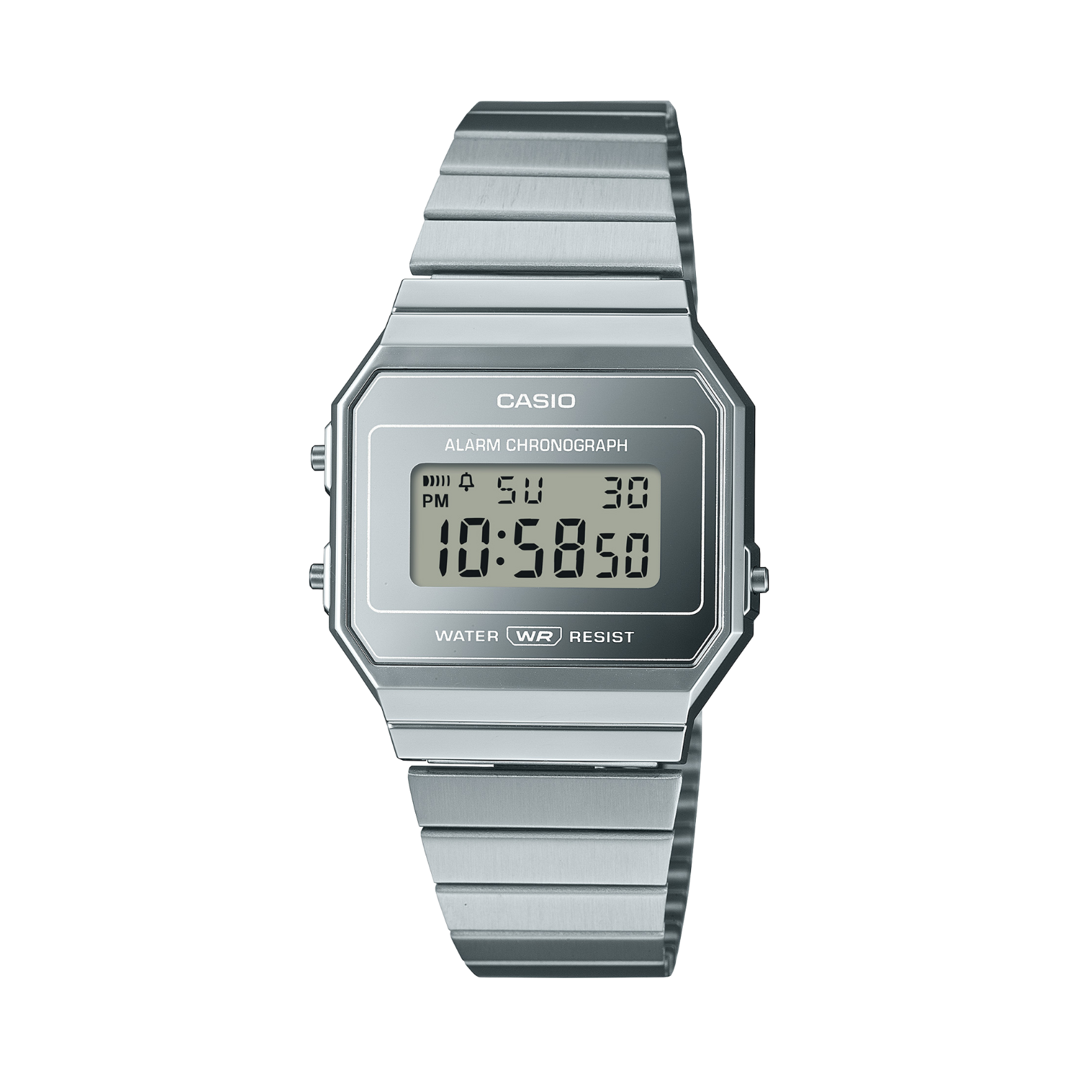 Silver Casio digital watch on a white background