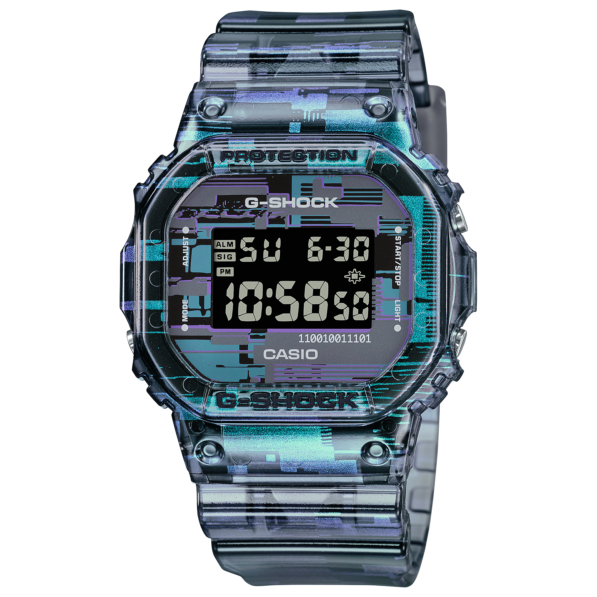 A digital CASIO G-SHOCK watch with a blue and green pattern on the band and casing, displaying time and various watch features on its digital screen.