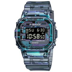 A digital CASIO G-SHOCK watch with a blue and green pattern on the band and casing, displaying time and various watch features on its digital screen.