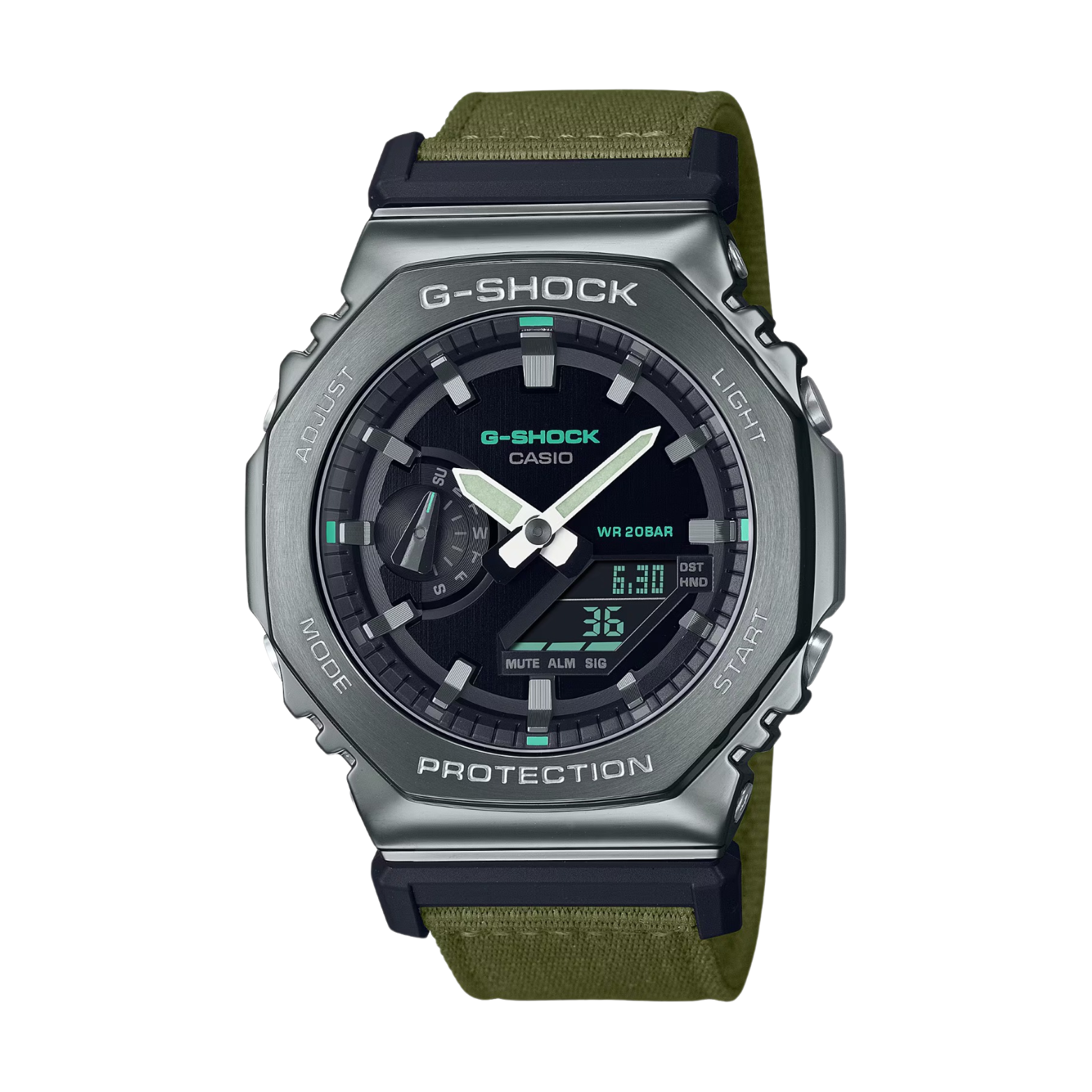A CASIO G-SHOCK watch with a gray ion plated bezel, digital display, and a green cloth band.