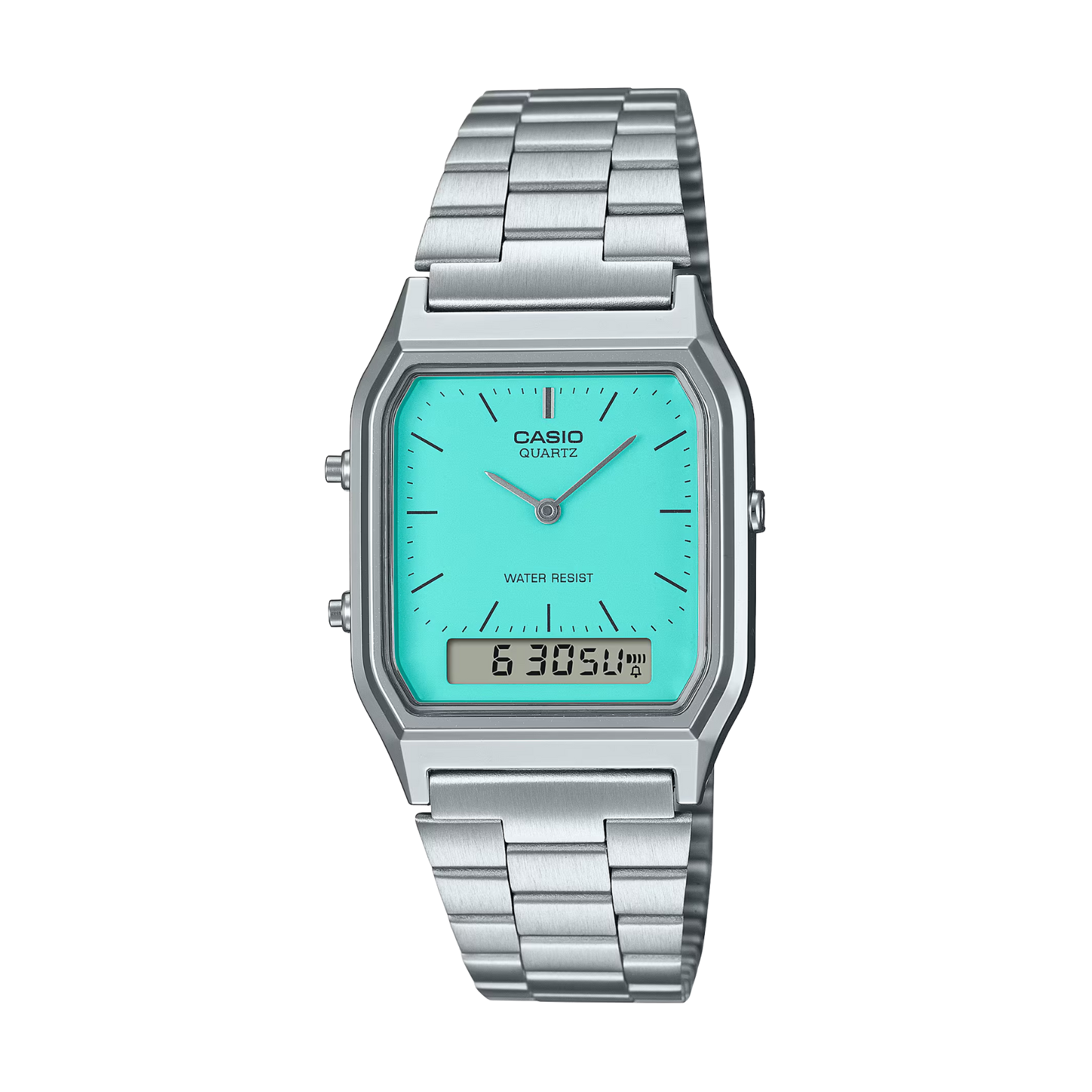 Casio watch with silver metal strap and turquoise face on a white background