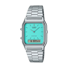 Casio watch with silver metal strap and turquoise face on a white background