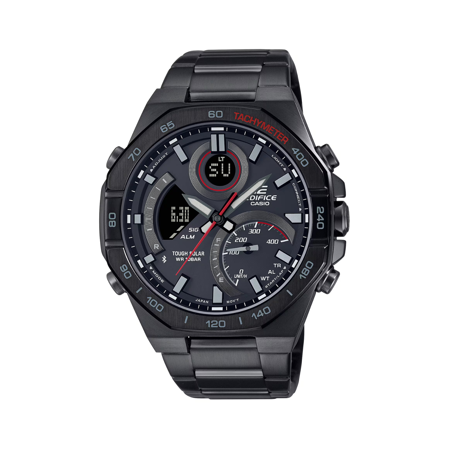 A black CASIO EDIFICE ECB-950DC-1A watch with a stainless steel band and a digital display.