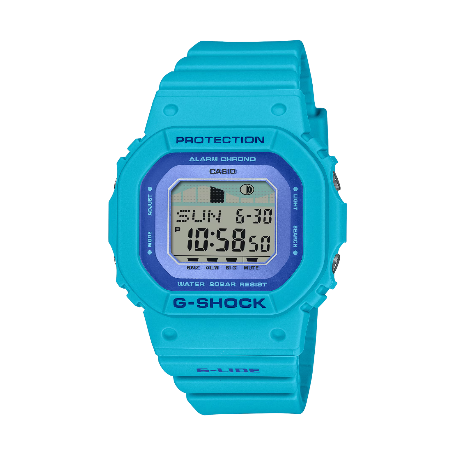 Blue Casio G-Shock digital watch on a white background