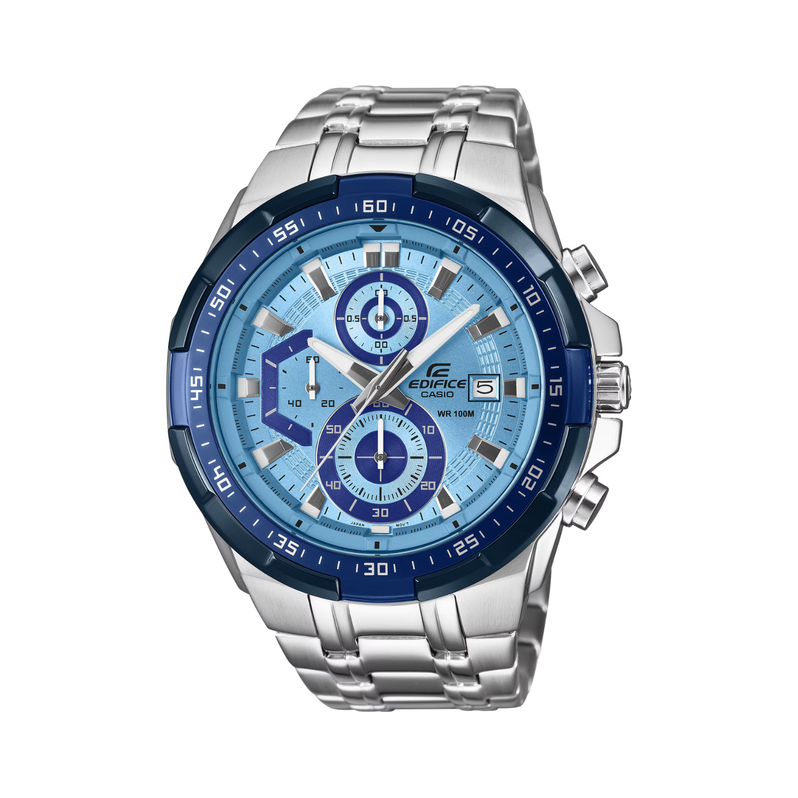 Silver watch with blue face on a white background