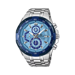 Silver watch with blue face on a white background