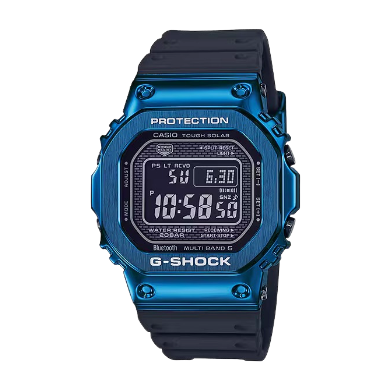 A blue CASIO G-SHOCK watch with a digital display, black band, and blue ion-plated bezel.