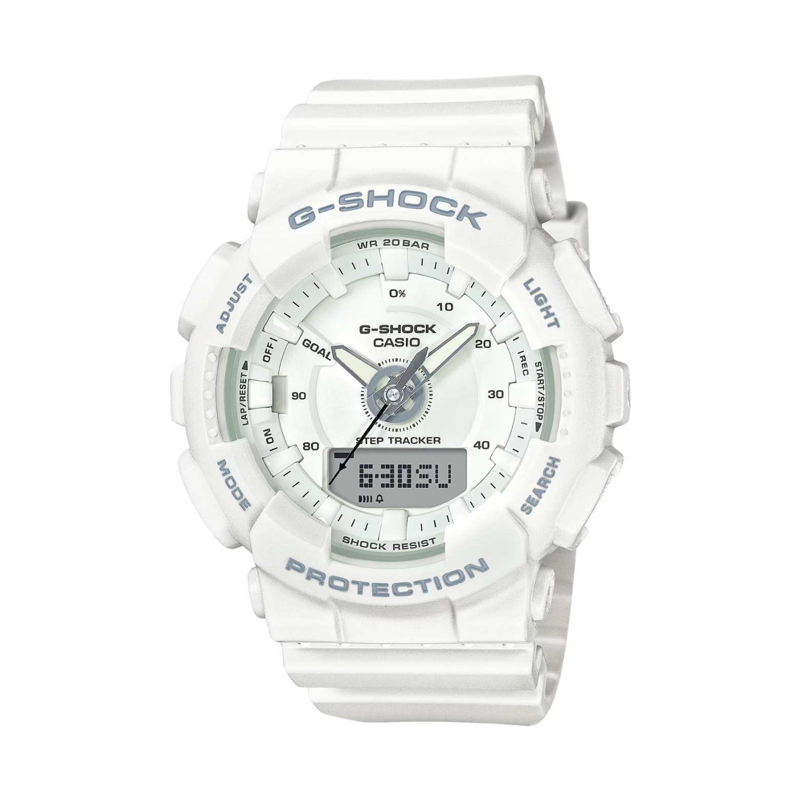 A white CASIO G-SHOCK watch with an analog-digital display, world time feature, and a resin band.