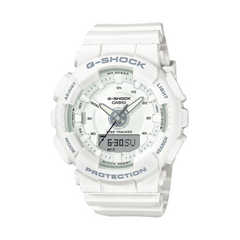A white CASIO G-SHOCK watch with an analog-digital display, world time feature, and a resin band.