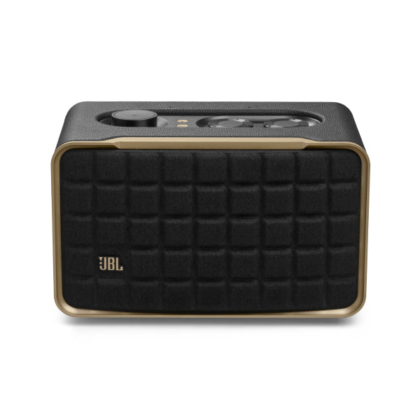 A black JBL Authentics 200 Bluetooth speaker with a premium aluminum frame and leather-like enclosure, featuring a downfiring passive radiator and a JBL signature pattern.