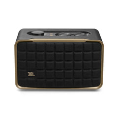 A black JBL Authentics 200 Bluetooth speaker with a premium aluminum frame and leather-like enclosure, featuring a downfiring passive radiator and a JBL signature pattern.