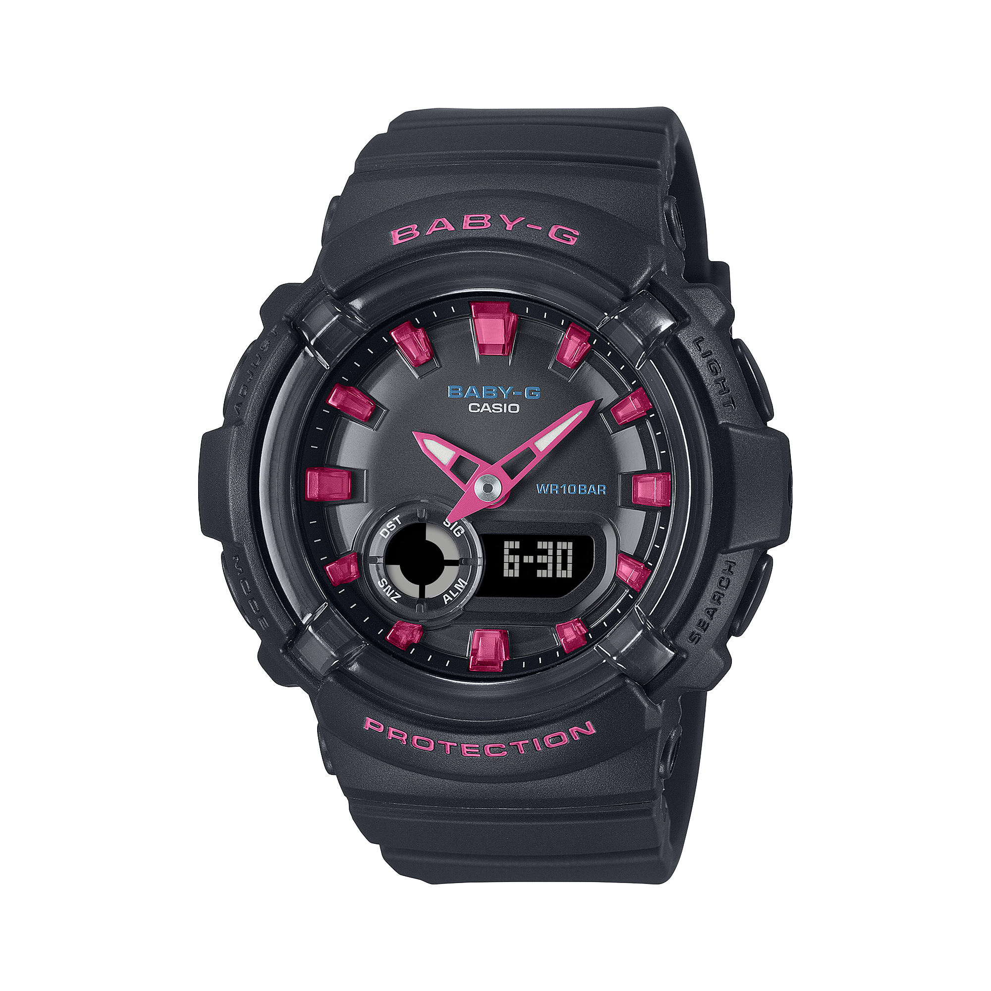 A Casio Baby-G watch with a black band and case, featuring pink accents on the watch face and branding on the bezel.