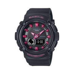 A Casio Baby-G watch with a black band and case, featuring pink accents on the watch face and branding on the bezel.