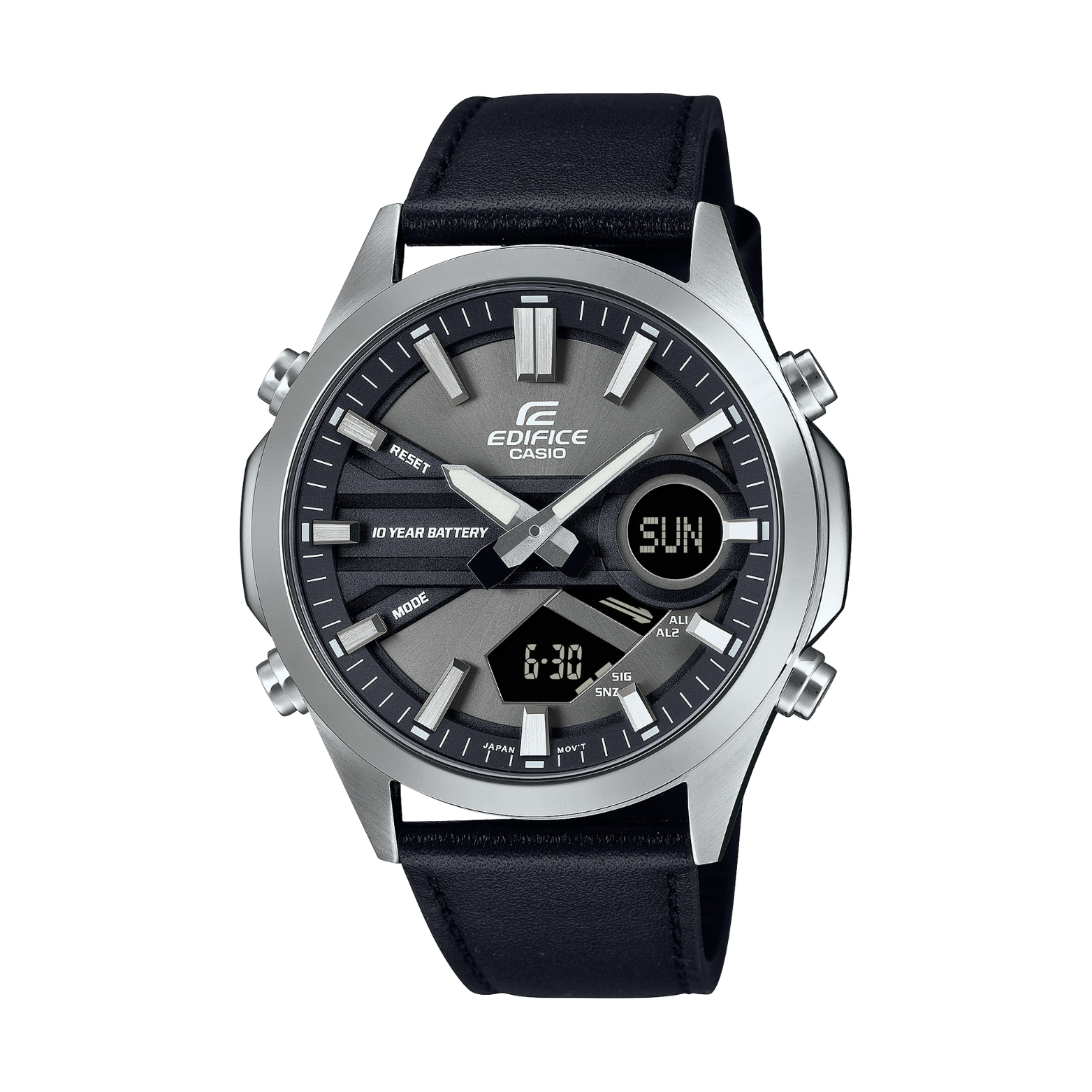 Casio Edifice watch with black strap and gray dial on a white background