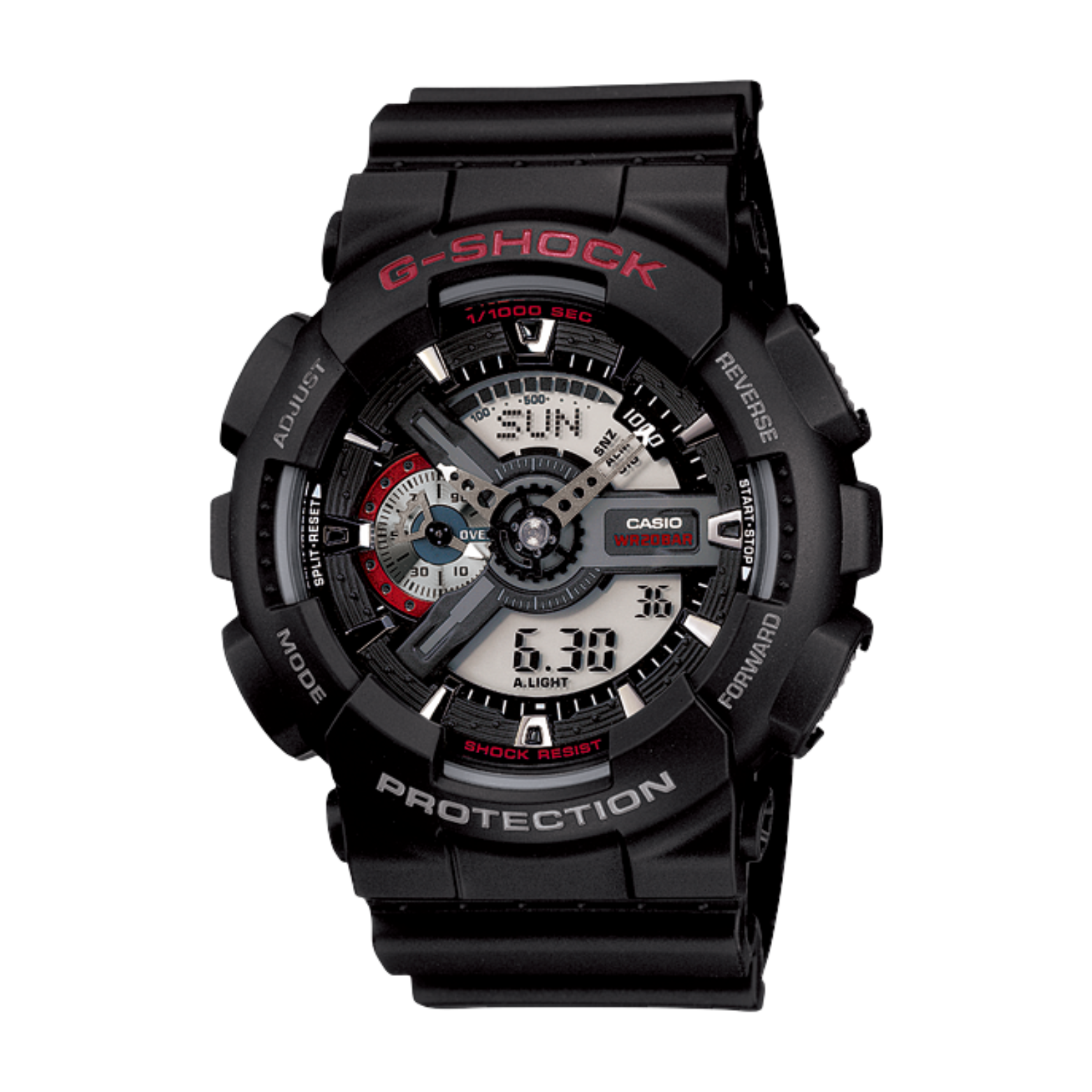 A black CASIO G-SHOCK analog-digital watch with a resin band, displaying a digital screen and traditional watch hands.