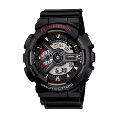 A black CASIO G-SHOCK analog-digital watch with a resin band, displaying a digital screen and traditional watch hands.