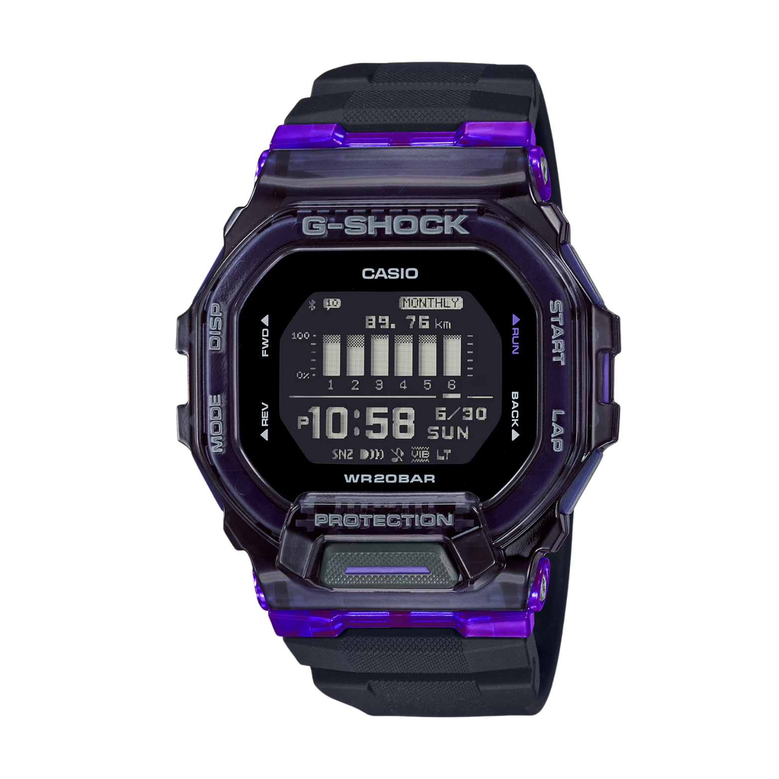A digital CASIO G-SHOCK watch with a black band and casing, featuring a purple accent on the bezel and a display showing time and various watch features.