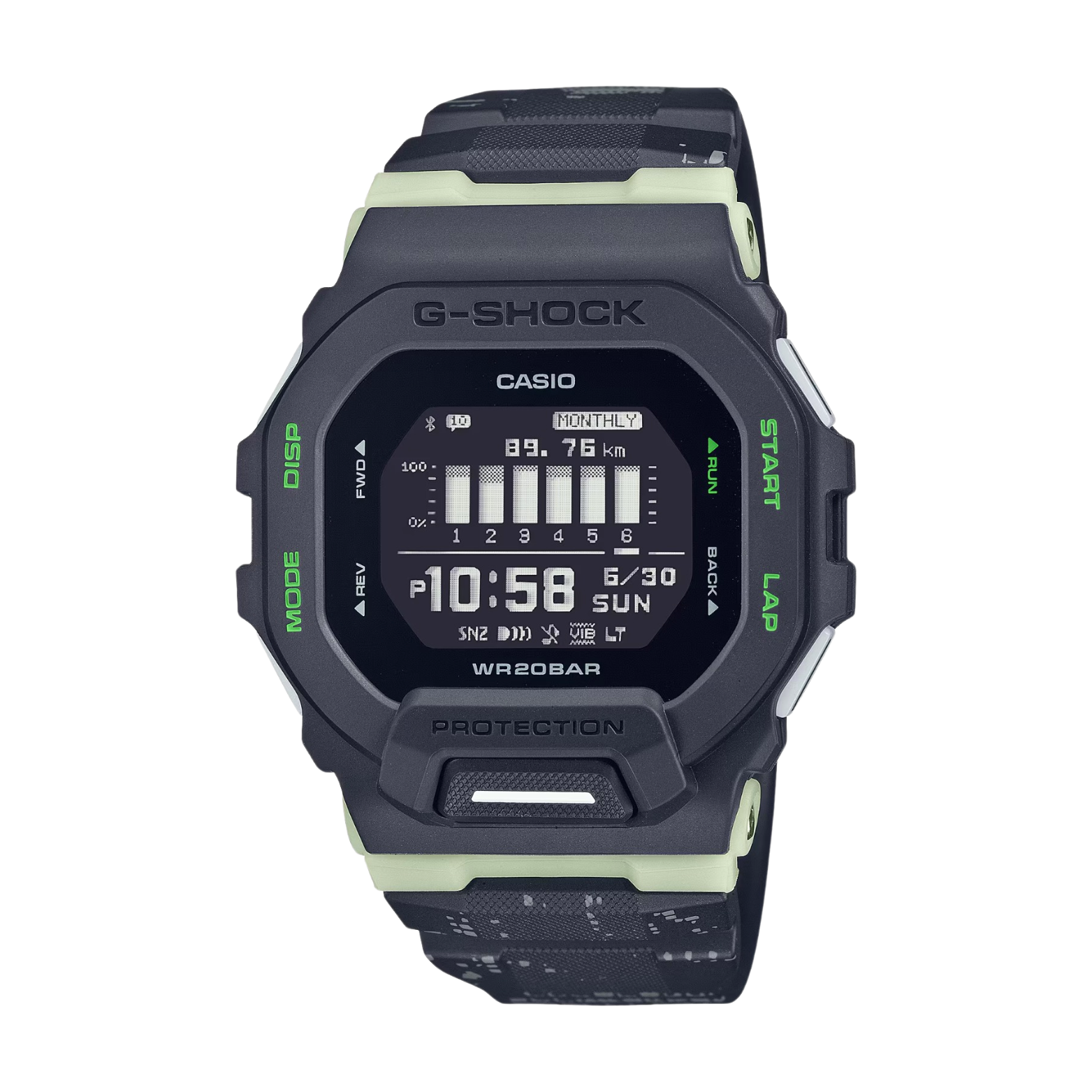 A digital CASIO G-SHOCK watch with a black and green band, black case, and a digital display showing time and various smartwatch features.