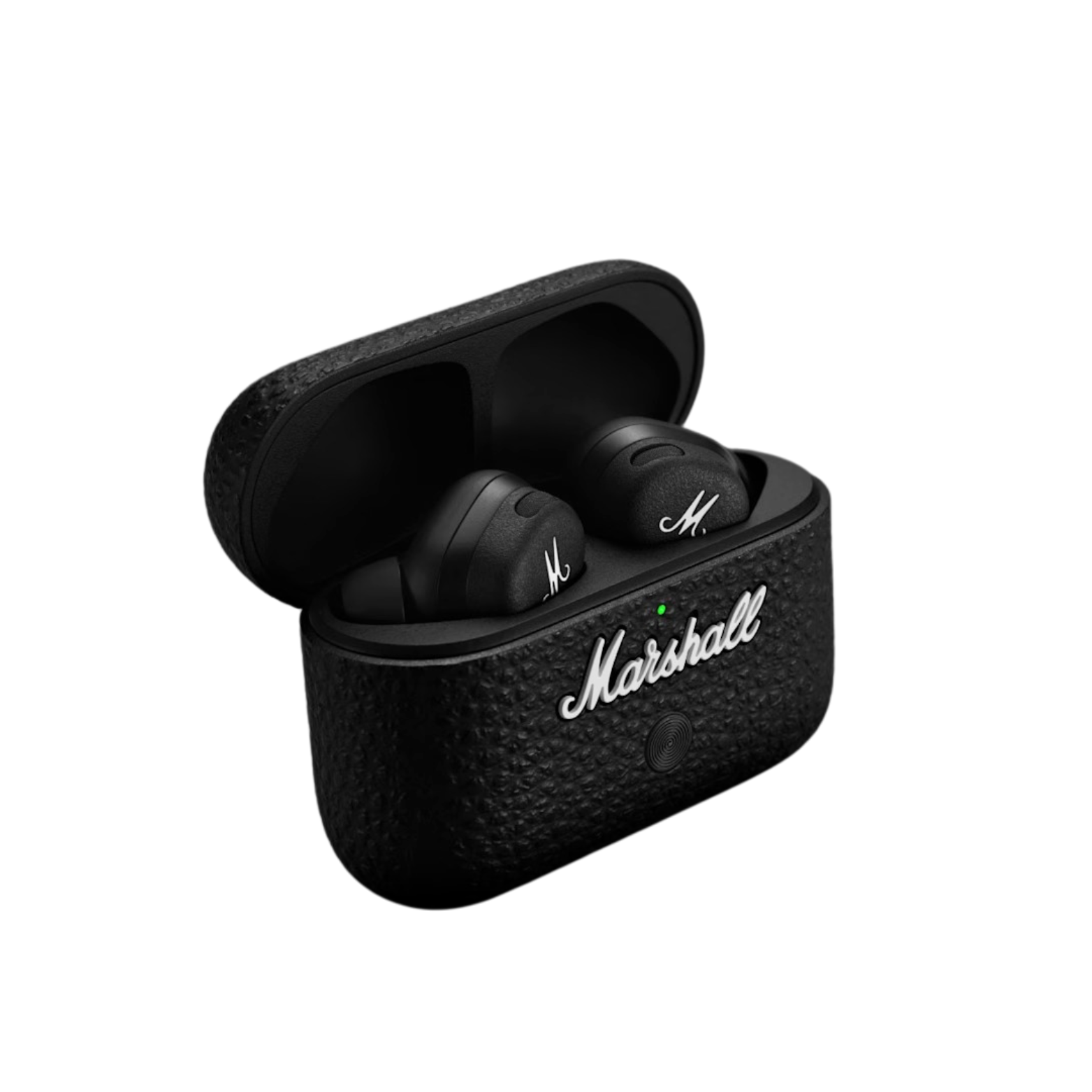 Black Marshall wireless earbuds in a case on a white background