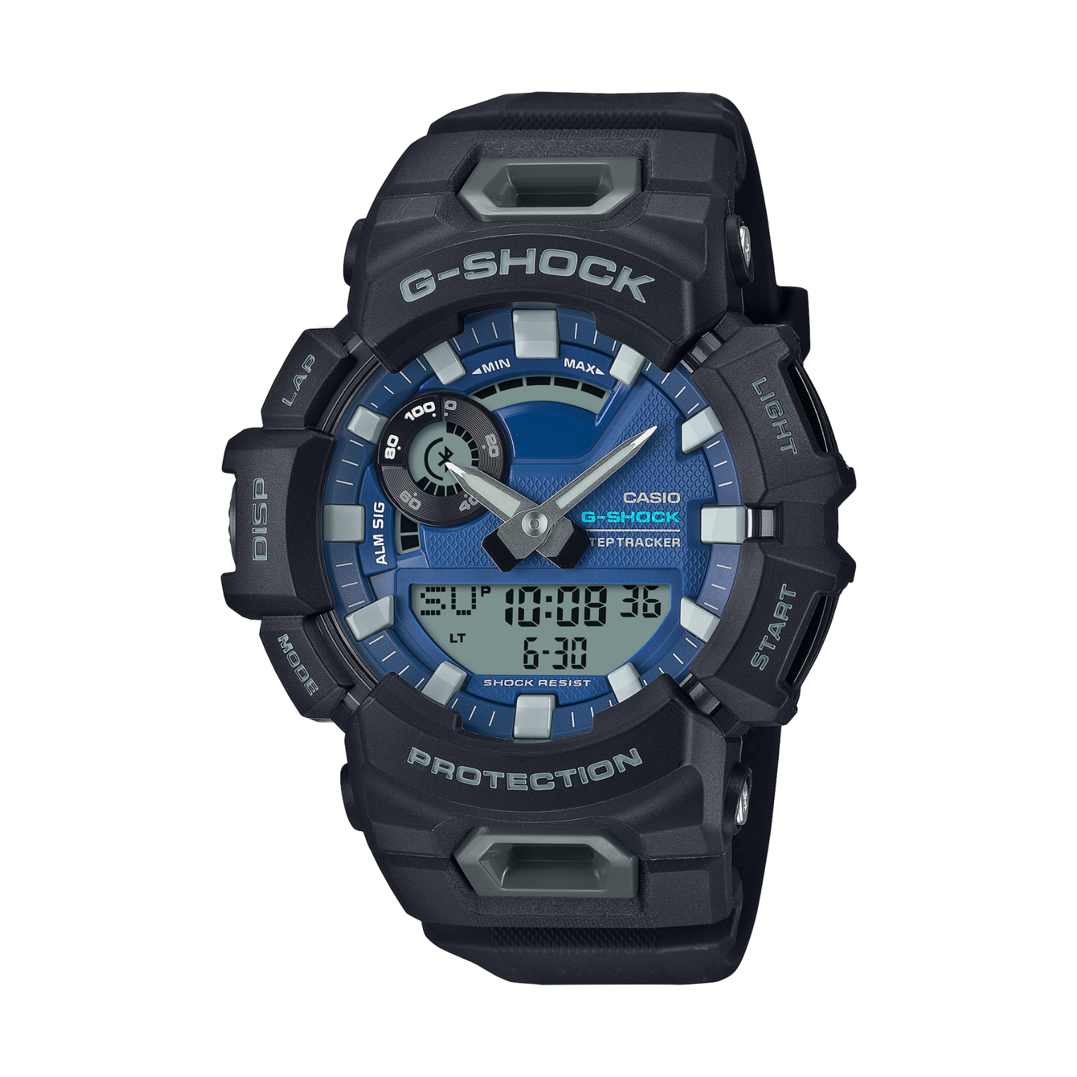 A black CASIO G-SHOCK watch with a blue dial, digital display, and resin band.