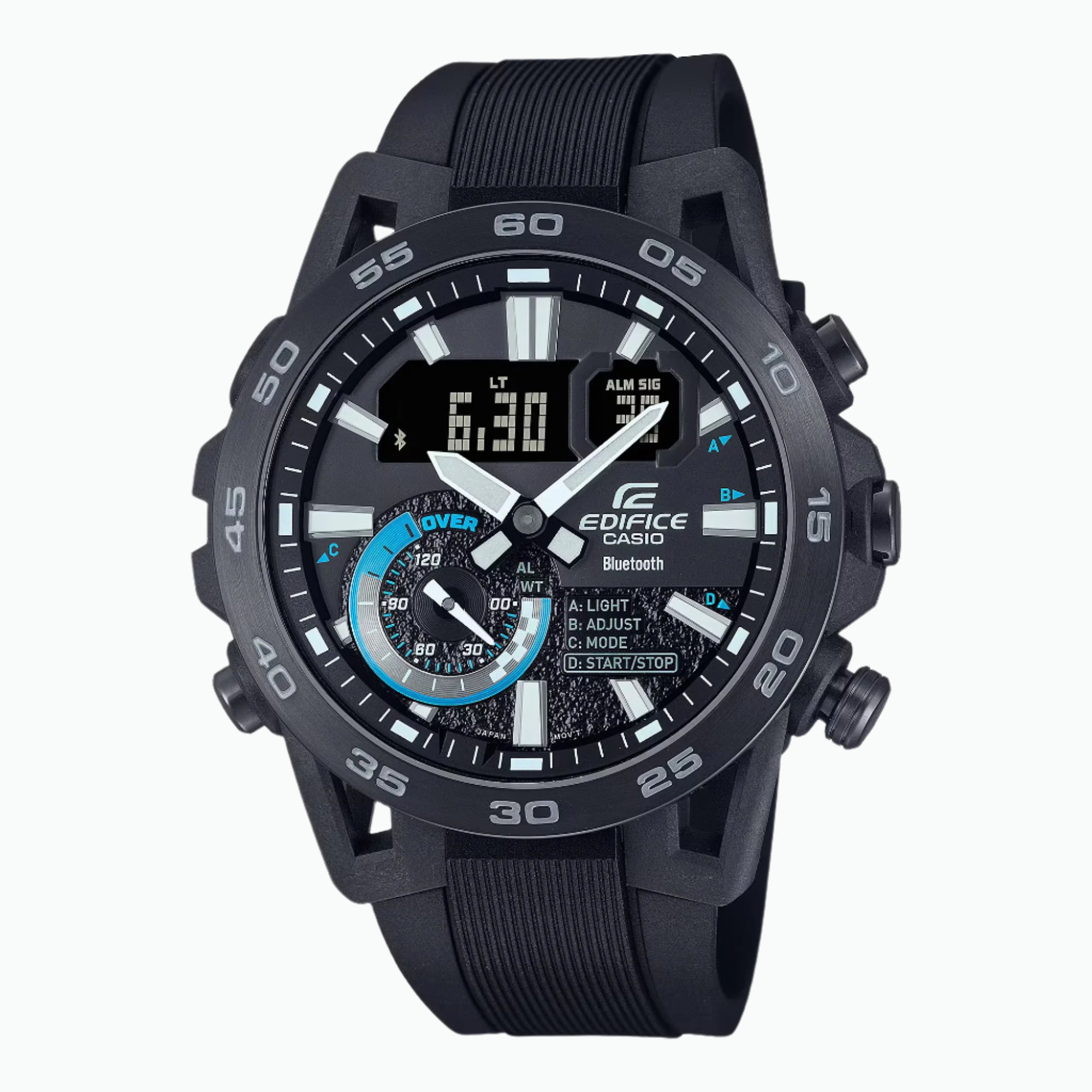 A Casio Edifice ECB-40PB-1AUDF watch with a black band, black case, and black digital display showing time and various watch features.