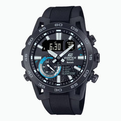 A Casio Edifice ECB-40PB-1AUDF watch with a black band, black case, and black digital display showing time and various watch features.