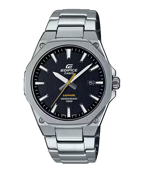A Casio Edifice analog watch with a black dial and silver stainless steel band and case.