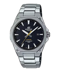 A Casio Edifice analog watch with a black dial and silver stainless steel band and case.