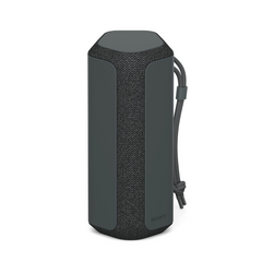 Black portable speaker with a textured finish on a white background